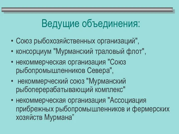 Ведущие объединения: Союз рыбохозяйственных организаций", консорциум "Мурманский траловый флот", некоммерческая организация