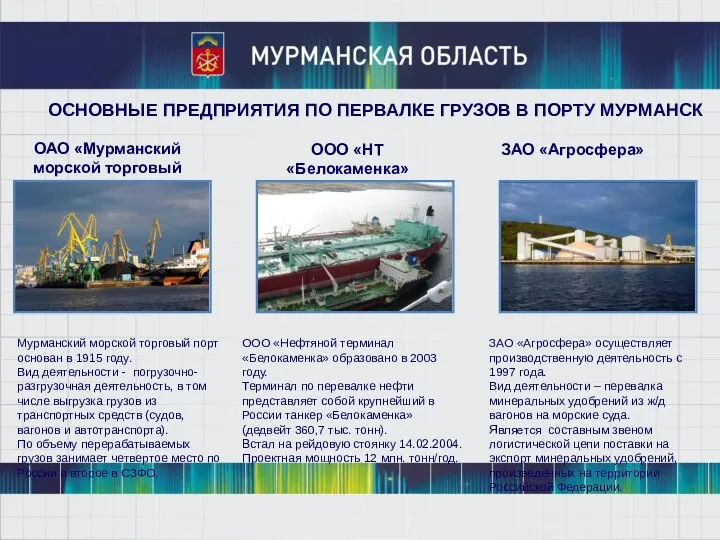 ОАО «Мурманский морской торговый порт» ОСНОВНЫЕ ПРЕДПРИЯТИЯ ПО ПЕРВАЛКЕ ГРУЗОВ В