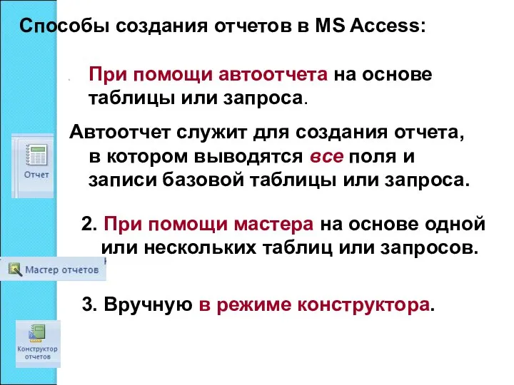 Способы создания отчетов в MS Access: При помощи автоотчета на основе