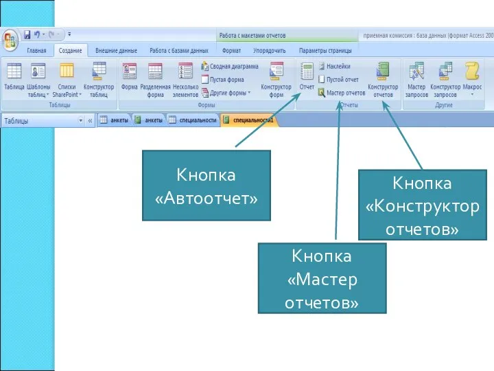 Кнопка «Автоотчет» Кнопка «Мастер отчетов» Кнопка «Конструкторотчетов»