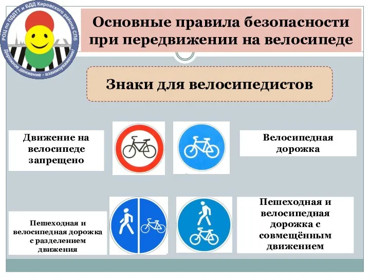 Основные правила безопасности при передвижении на велосипеде Знаки для велосипедистов Движение