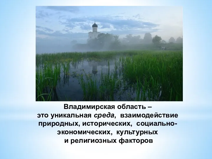 Владимирская область – это уникальная среда, взаимодействие природных, исторических, социально-экономических, культурных и религиозных факторов