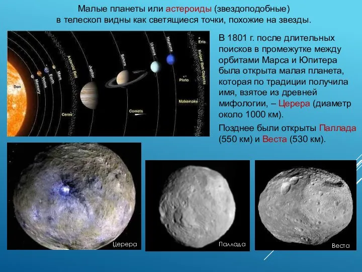 Малые планеты или астероиды (звездоподобные) в телескоп видны как светящиеся точки,