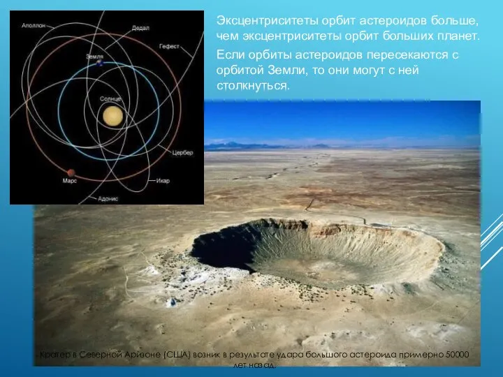 Эксцентриситеты орбит астероидов больше, чем эксцентриситеты орбит больших планет. Если орбиты