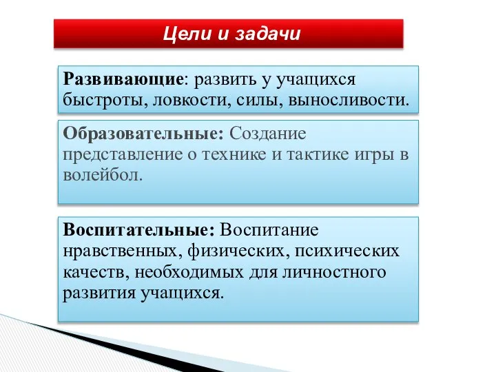 Цели и задачи Воспитательные: Воспитание нравственных, физических, психических качеств, необходимых для