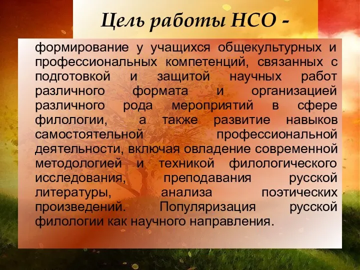 Цель работы НСО - формирование у учащихся общекультурных и профессиональных компетенций,