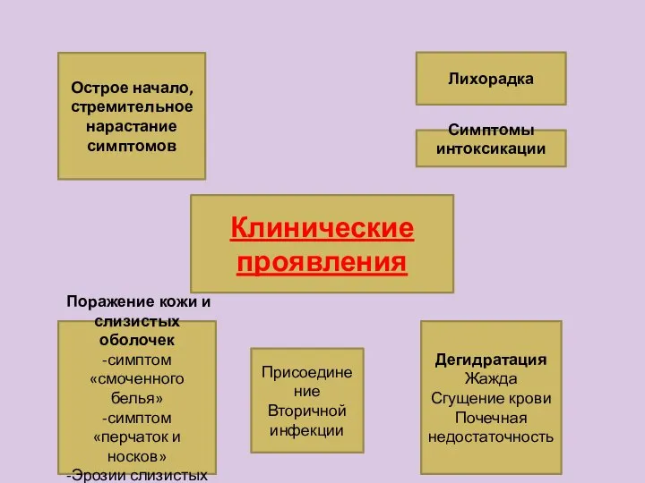 Клинические проявления Острое начало, стремительное нарастание симптомов Лихорадка Поражение кожи и