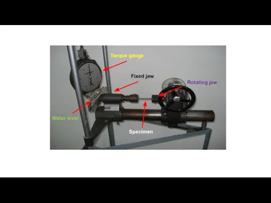 Rotating jaw Specimen Fixed jaw Torque gauge Water level