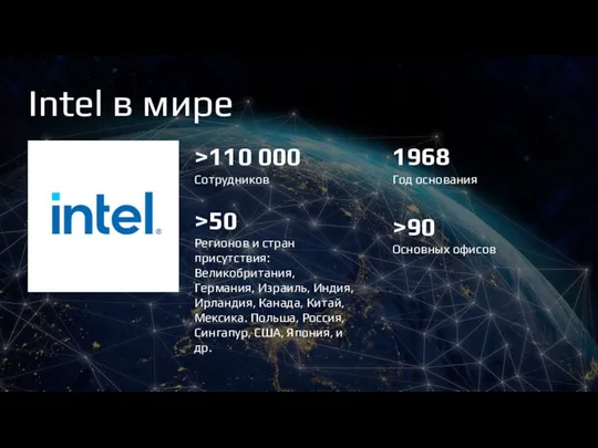 Intel в мире >110 000 Сотрудников 1968 Год основания >50 Регионов