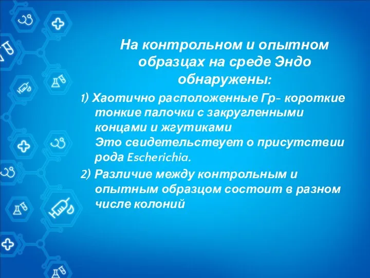 На контрольном и опытном образцах на среде Эндо обнаружены: 1) Хаотично