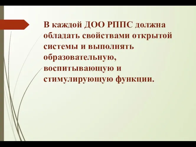 В каждой ДОО РППС должна обладать свойствами открытой системы и выполнять образовательную, воспитывающую и стимулирующую функции.