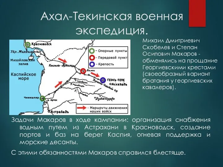 Ахал-Текинская военная экспедиция. Задачи Макаров в ходе кампании: организация снабжения водным