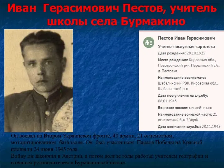 Иван Герасимович Пестов, учитель школы села Бурмакино Он воевал на Втором