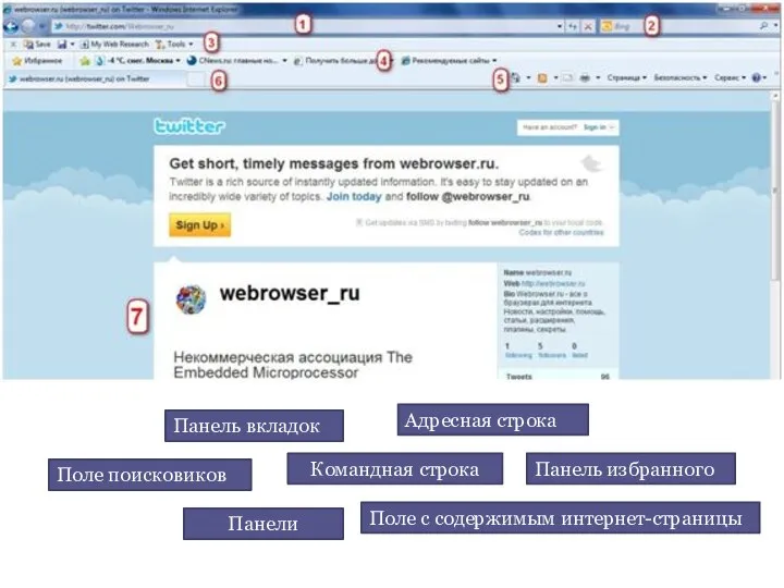 Панель вкладок Поле поисковиков Командная строка Панели Поле с содержимым интернет-страницы Панель избранного Адресная строка