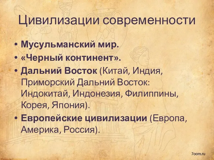 Цивилизации современности Мусульманский мир. «Черный континент». Дальний Восток (Китай, Индия, Приморский