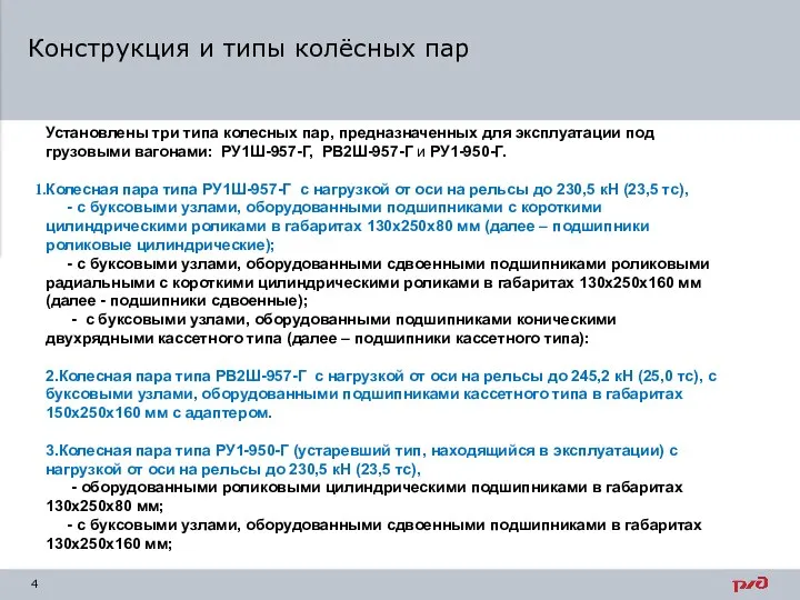 Конструкция и типы колёсных пар Установлены три типа колесных пар, предназначенных