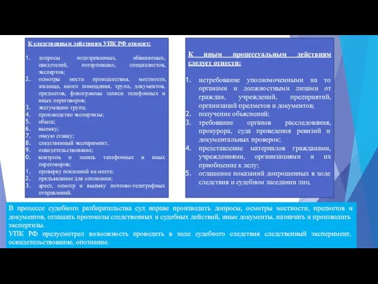 К следственным действиям УПК РФ относит: допросы подозреваемых, обвиняемых, свидетелей, потерпевших,