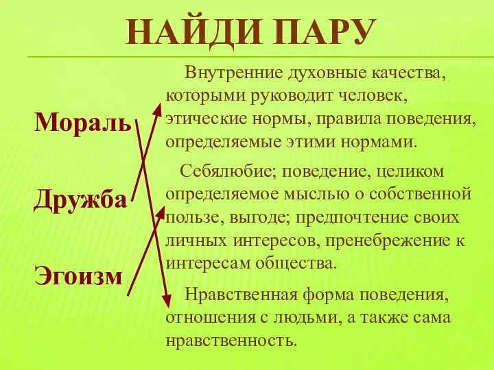 НАЙДИ ПАРУ Мораль Дружба Эгоизм Внутренние духовные качества, которыми руководит человек,