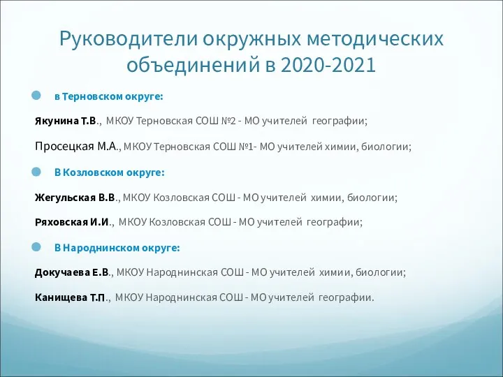 Руководители окружных методических объединений в 2020-2021 в Терновском округе: Якунина Т.В.,