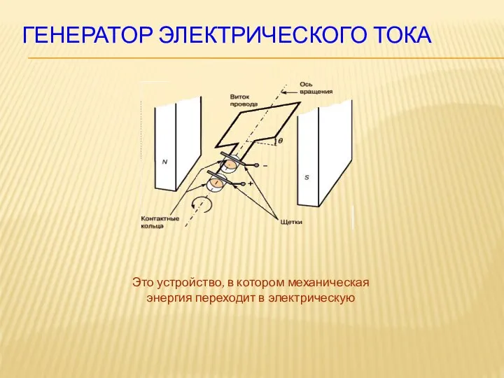 ГЕНЕРАТОР ЭЛЕКТРИЧЕСКОГО ТОКА Это устройство, в котором механическая энергия переходит в электрическую