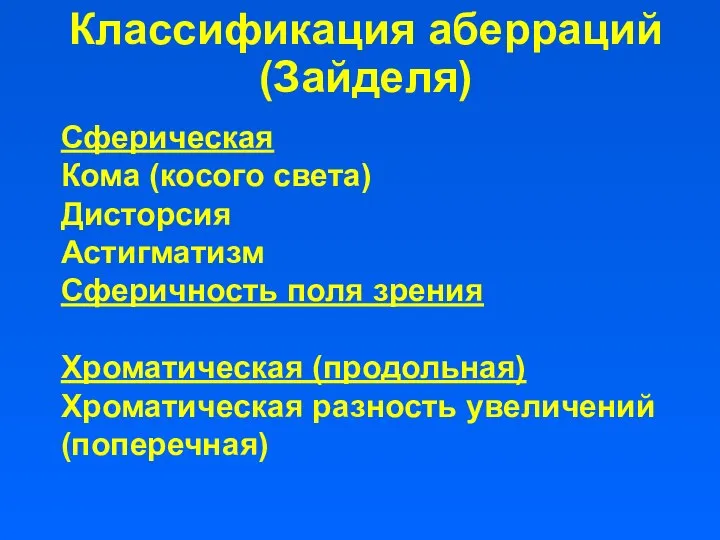 Классификация аберраций (Зайделя) Сферическая Кома (косого света) Дисторсия Астигматизм Сферичность поля