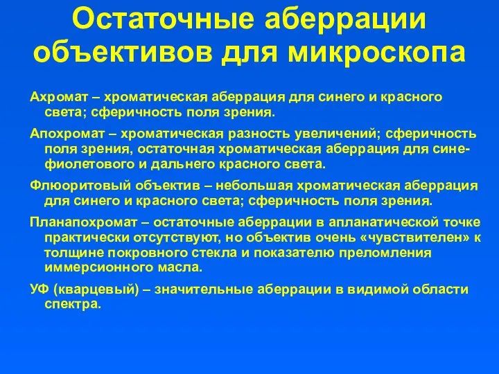 Остаточные аберрации объективов для микроскопа Ахромат – хроматическая аберрация для синего