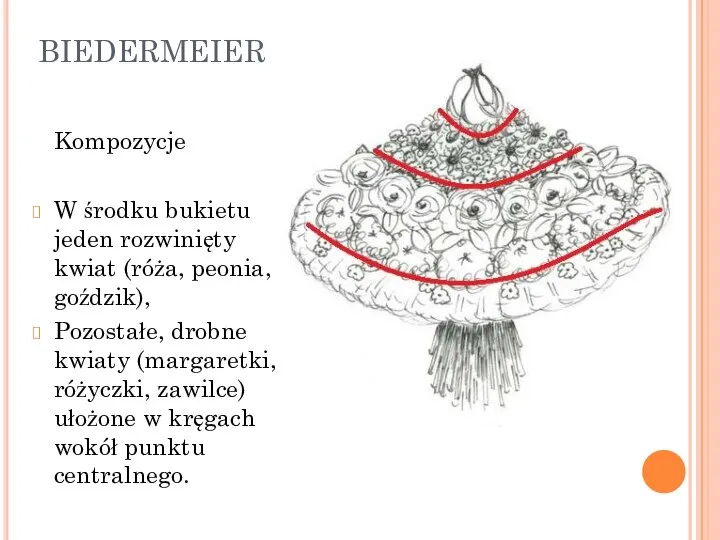 BIEDERMEIER Kompozycje W środku bukietu jeden rozwinięty kwiat (róża, peonia, goździk),