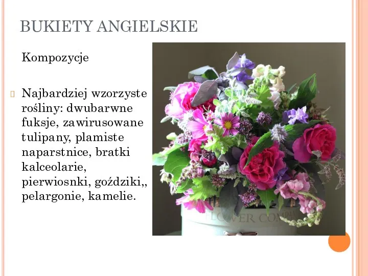 BUKIETY ANGIELSKIE Kompozycje Najbardziej wzorzyste rośliny: dwubarwne fuksje, zawirusowane tulipany, plamiste