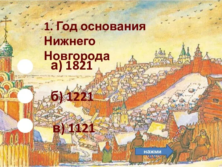 б) 1221 1. Год основания Нижнего Новгорода а) 1821 в) 1121 нажми