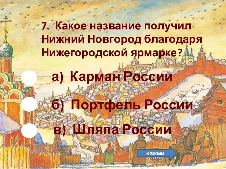 а) Карман России 7. Какое название получил Нижний Новгород благодаря Нижегородской