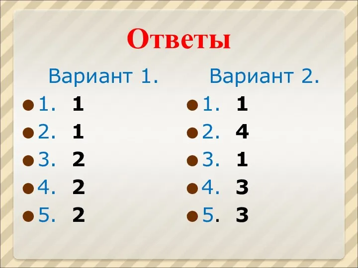 Ответы Вариант 1. 1. 1 2. 1 3. 2 4. 2