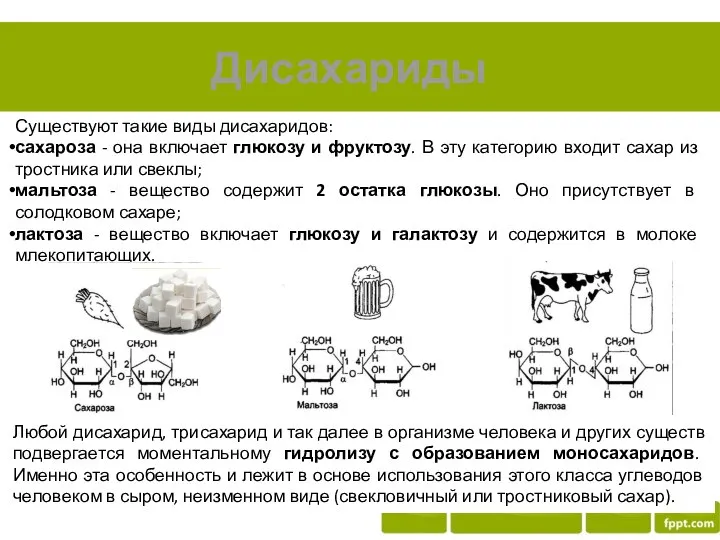 Дисахариды Существуют такие виды дисахаридов: сахароза - она включает глюкозу и