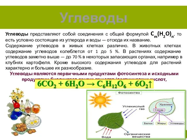 Углеводы Углеводы представляют собой соединения с общей формулой Cm(H2O)n, то есть