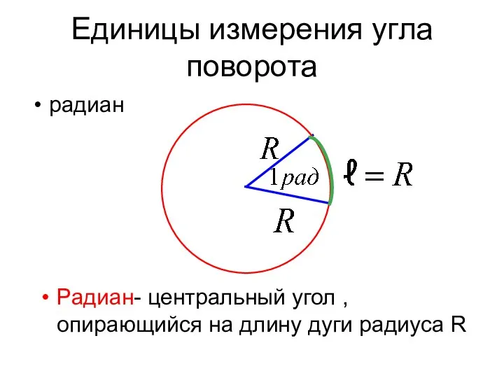 Единицы измерения угла поворота радиан Радиан- центральный угол , опирающийся на длину дуги радиуса R