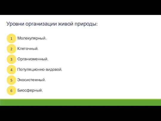 Уровни организации живой природы: 1 2 3 4 5 6 Молекулярный. Клеточный. Организменный. Популяционно-видовой. Экосистемный. Биосферный.