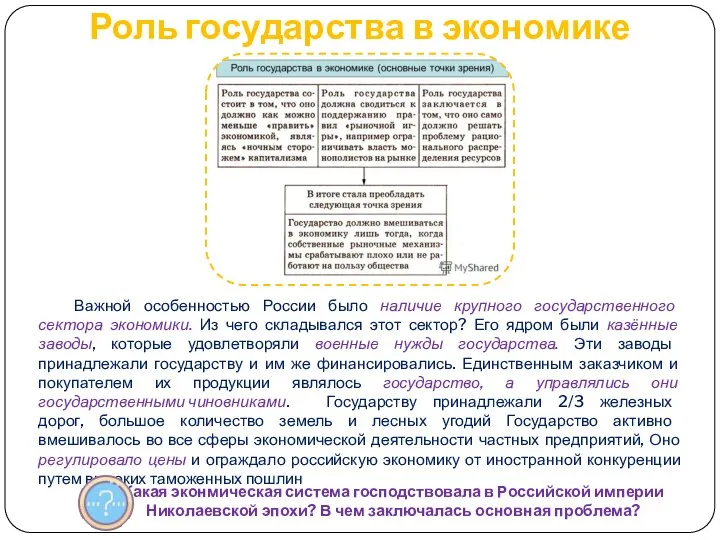 Роль государства в экономике Важной особенностью России было наличие крупного государственного