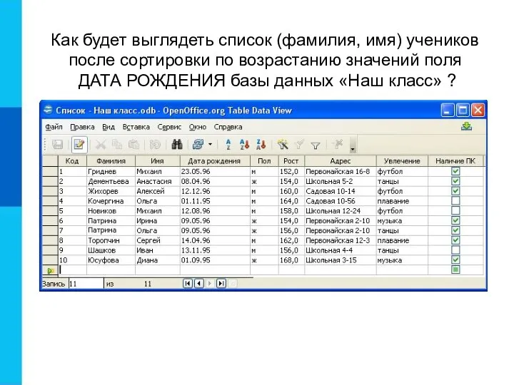 Как будет выглядеть список (фамилия, имя) учеников после сортировки по возрастанию