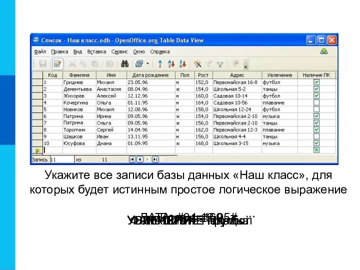 Укажите все записи базы данных «Наш класс», для которых будет истинным