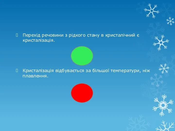 Перехід речовини з рідкого стану в кристалічний є кристалізація. Кристалізація відбувається за більшої температури, ніж плавлення.