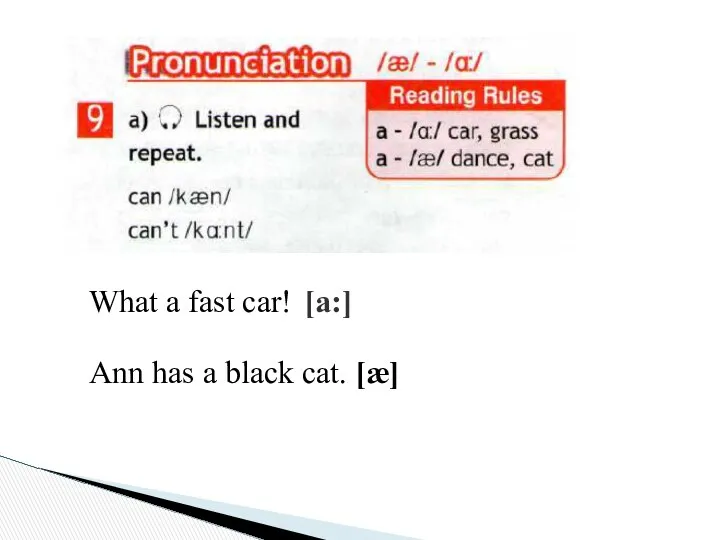 Ann has a black cat. [æ] What a fast car! [а:]