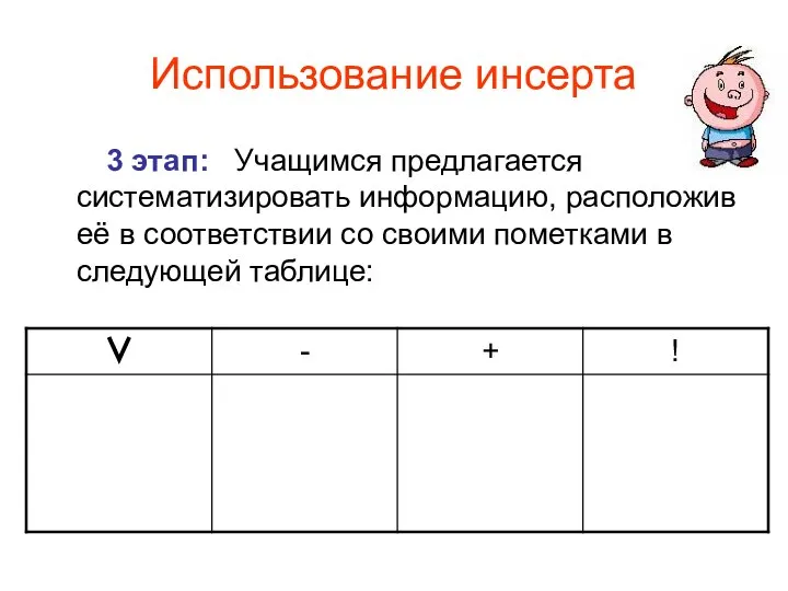 Использование инсерта 3 этап: Учащимся предлагается систематизировать информацию, расположив её в