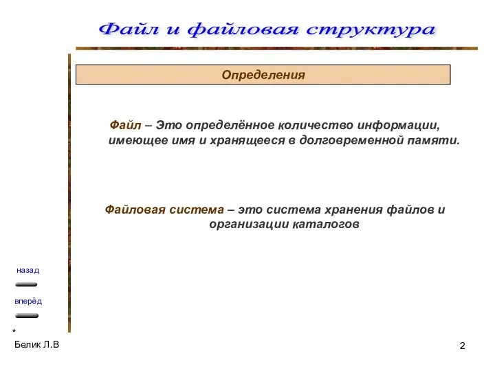 Определения Файл – Это определённое количество информации, имеющее имя и хранящееся