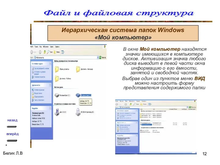 Иерархическая система папок Windows «Мой компьютер» В окне Мой компьютер находятся