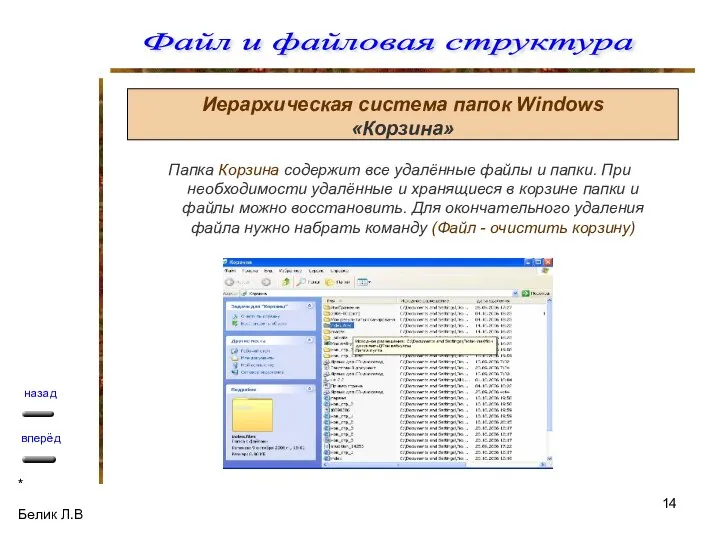 Иерархическая система папок Windows «Корзина» Папка Корзина содержит все удалённые файлы