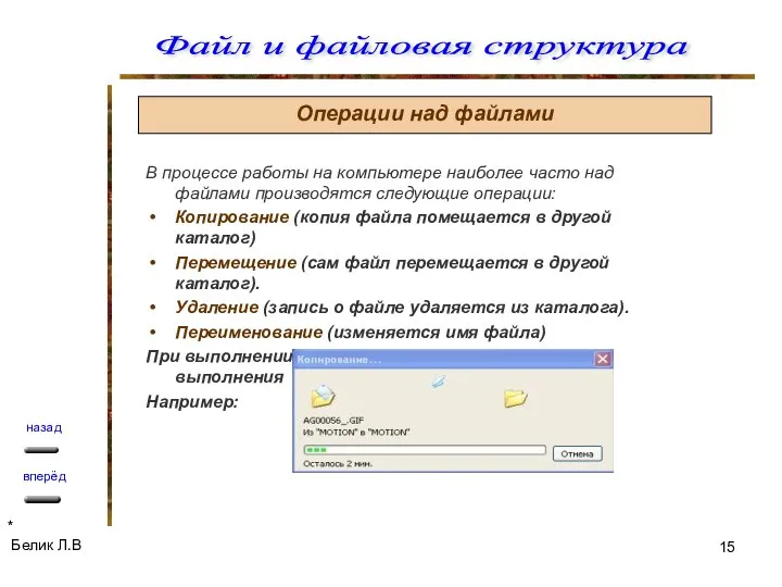 Операции над файлами В процессе работы на компьютере наиболее часто над