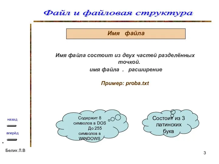 Имя файла Имя файла состоит из двух частей разделённых точкой. имя