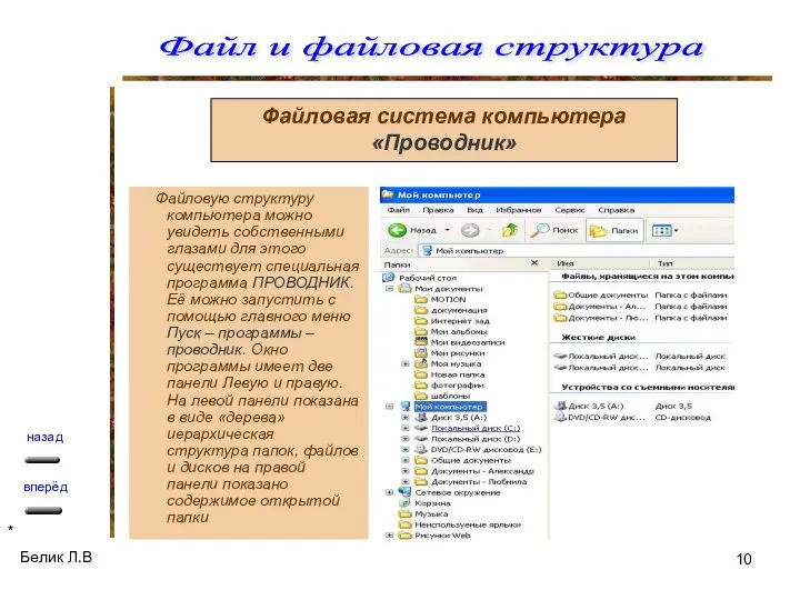 Файловая система компьютера «Проводник» Файловую структуру компьютера можно увидеть собственными глазами