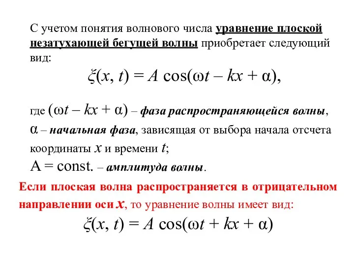 С учетом понятия волнового числа уравнение плоской незатухающей бегущей волны приобретает