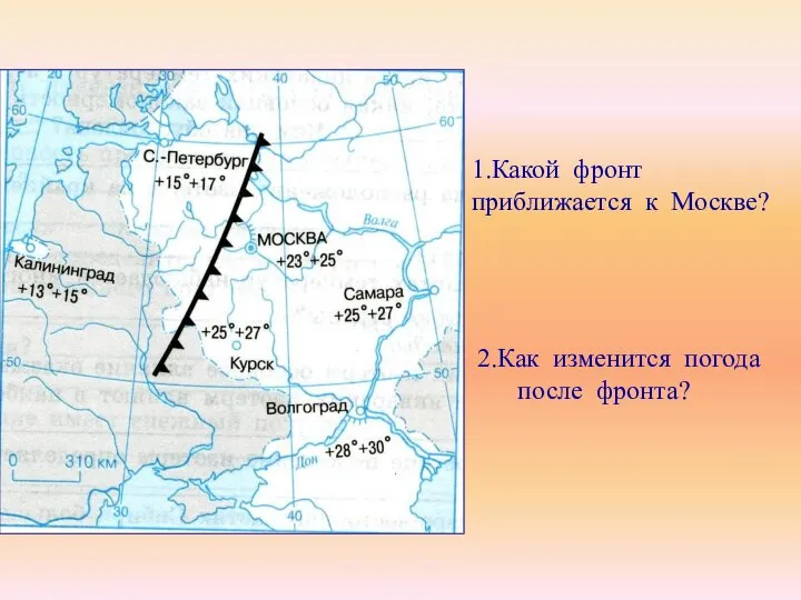 1.Какой фронт приближается к Москве? 2.Как изменится погода после фронта?