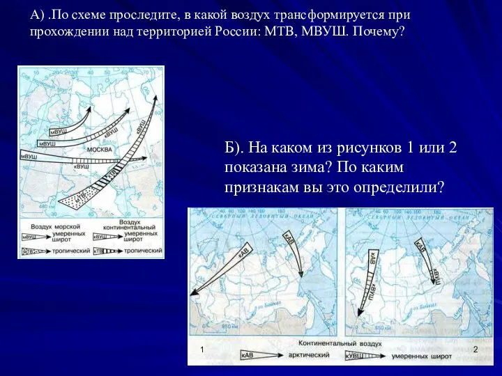 А) .По схеме проследите, в какой воздух трансформируется при прохождении над